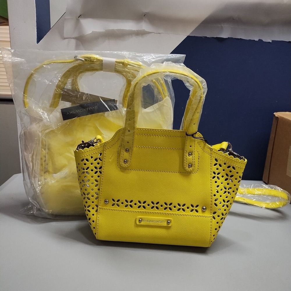 B. Makowsky Perforated Saffiano Mini Tessa Tote Bag Women Yellow Crossbody Strap - Picture 6 of 8
